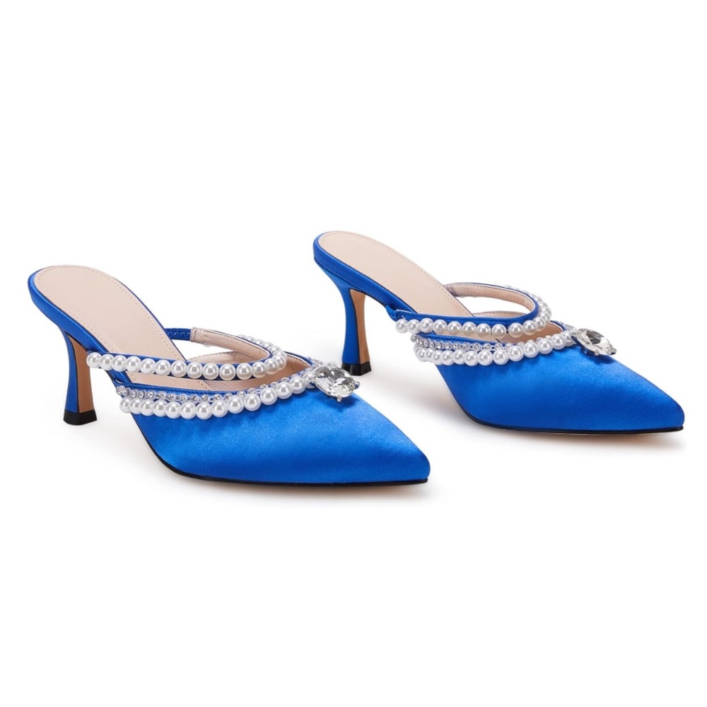 VETASTE Mules Pointed Heels Slip on Satin Kitten Size 8